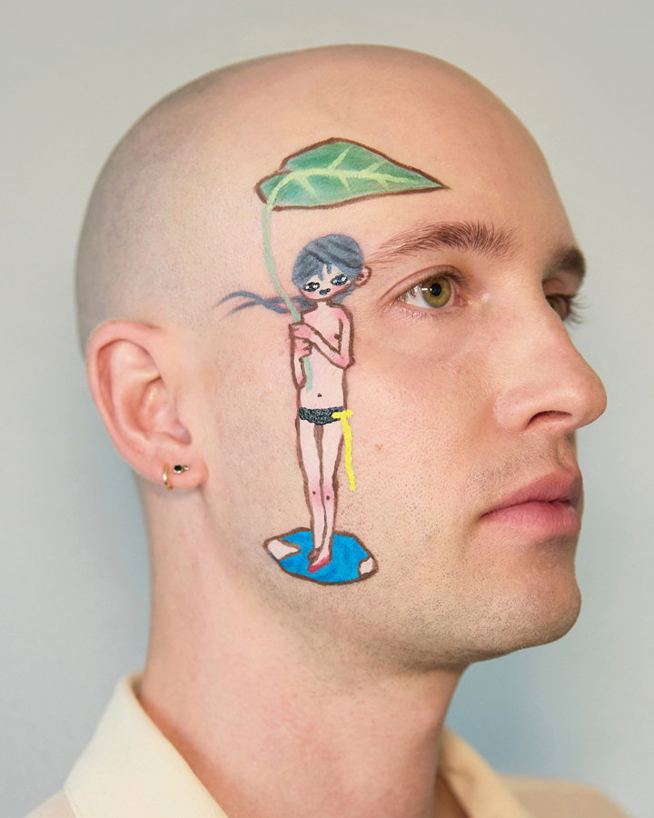 Close up 3/4 portrait of Jesse with a character by aya takano holding a leaf and standing in a puddle painted on his face